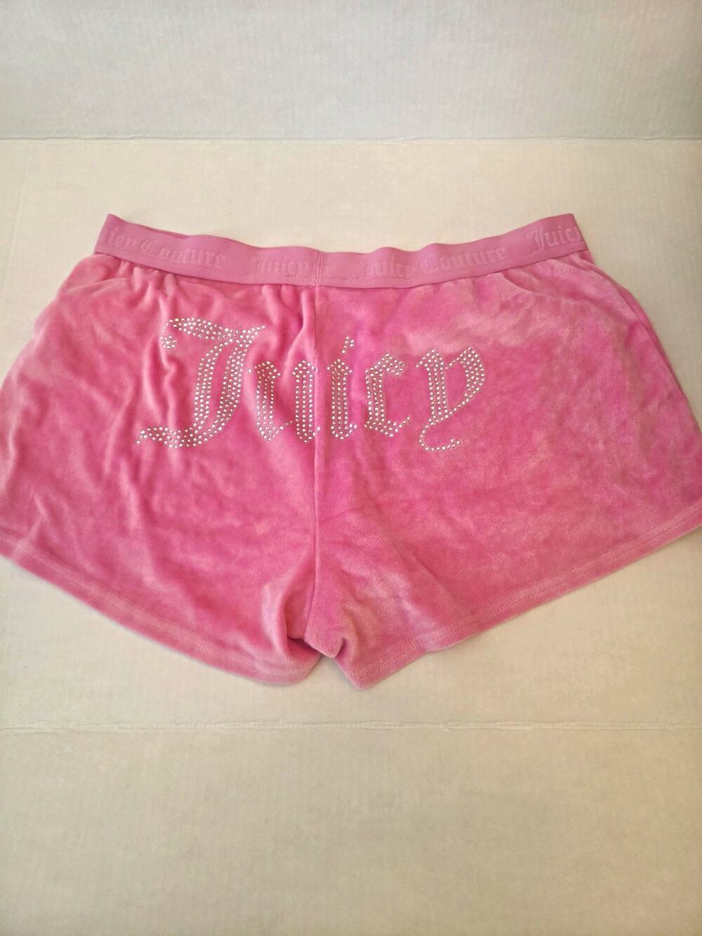 Juicy Couture Women's Pink Velour Sleep Shorts Rhinestone Logo Elastic Waist L